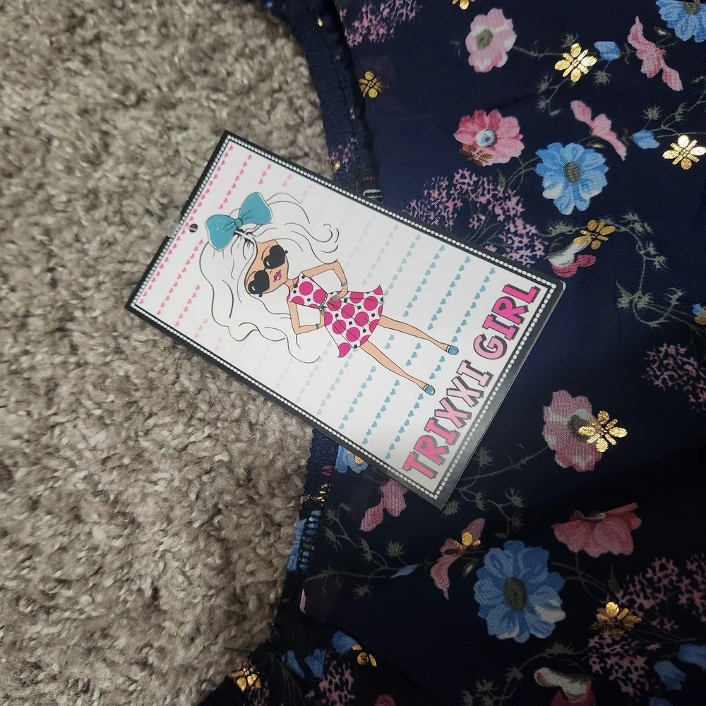 Girls' Navy Floral Long-Sleeve Casual Dress with Pink & Light Blue Flowers